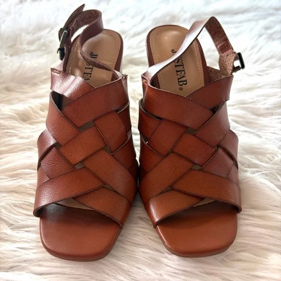 JustFab Cognac Strappy Block Heels 5.5 - Picture 4 of 11
